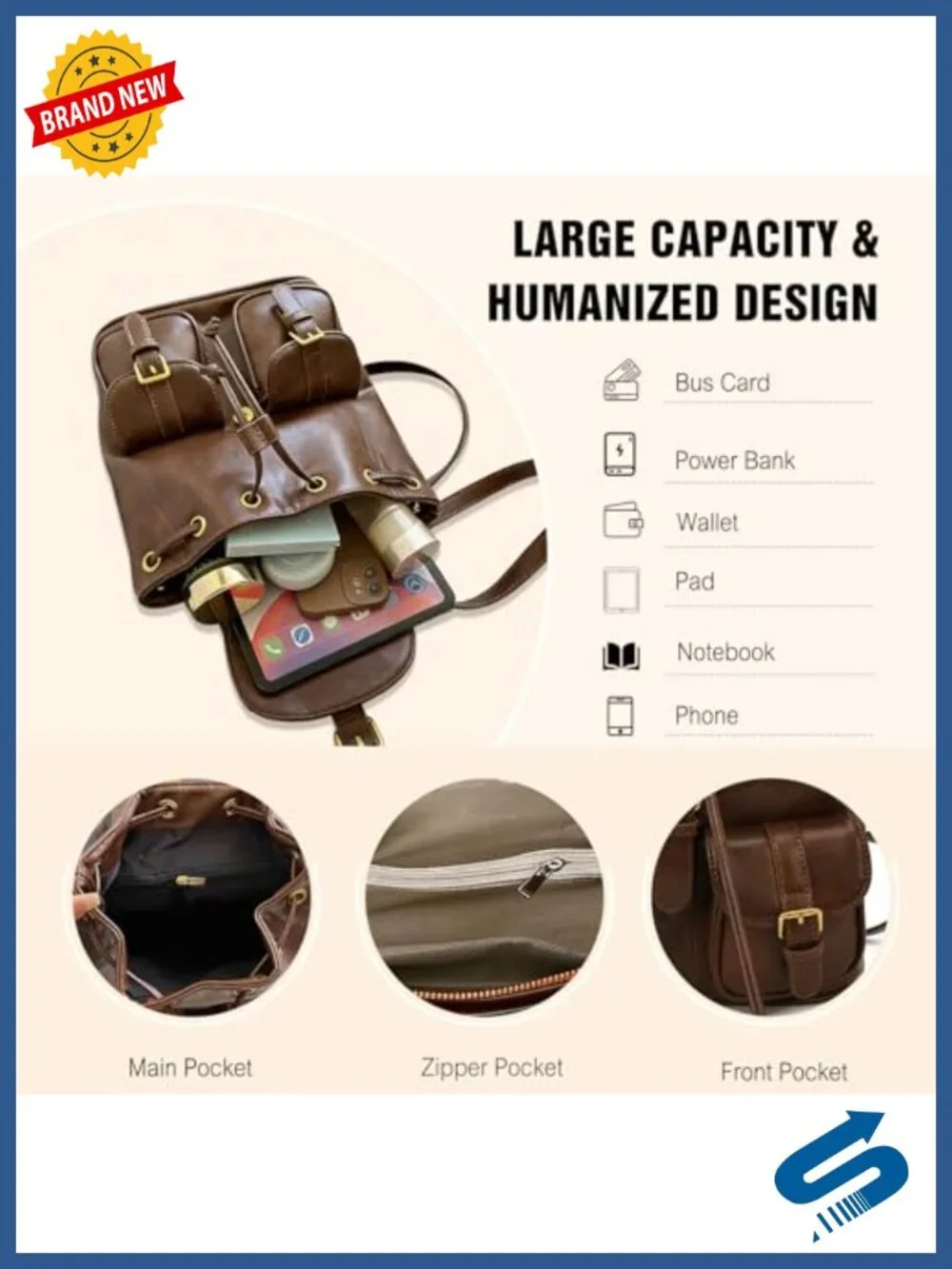 PU Leather Womens Backpack Ladies Waterproof Daypack Medium Drawstring School